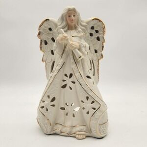 Vintage Victorian Inspired Ivory Angel Candle‎ Holder Gold Trim Holding Trumpet